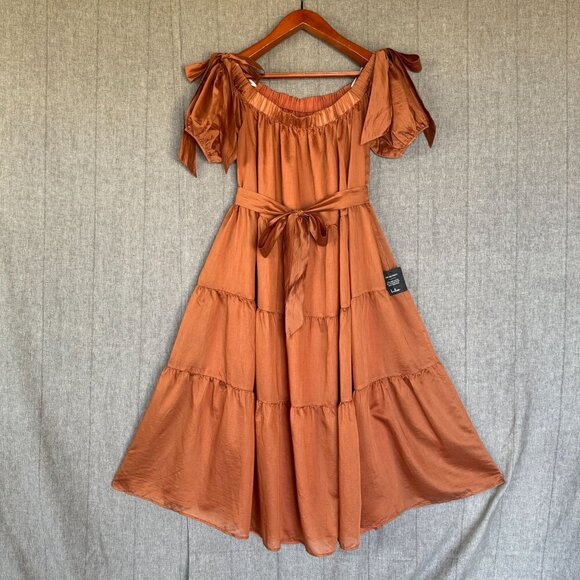 Lulus Charming Adoration Brown Off The Shoulder Bow Tiered Midi Dress Size XL - Picture 1 of 14